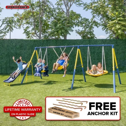 Sportspower Super Star 5-in-1 Metal Swing Set: 2 Swings, Flying Saucer, 2-Person Roman Glider, 6.5ft Slide; Great for Kids 3-8; Bonus Anchor Kit