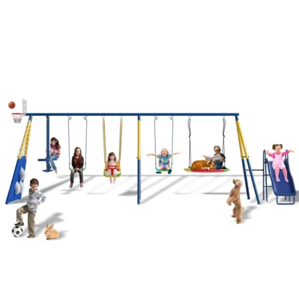 SUMIJ 8 in1 Swing Sets for Backyard with Kids Slide Outdoor Heavy-Duty Metal Playset for Kids 550lbs Swing Set with Slide, Saucer Seat, 2 Belt Seat, Soccer Goals, Glider,Baby Swing Set and Baketball Hoop