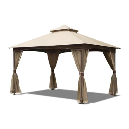 10’X13′ Patio Gazebo – Metal, Net, Waterproof, Stable, Khaki With Net Metal Frame, Double Roof, Resistance, Waterproof Canopy