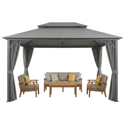 Furmax 13 Ft. W x 10 Ft. D Soft Top Steel Patio Gazebo with 2-Tier Canopy and Zippered Mesh Netting for Outdoor, Patio, Garden, and Backyard Activities