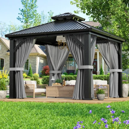 Polar Aurora 10 x 10 ft. Heavy-Duty Aluminum Frame Outdoor Gazebo with Double-Layer Galvanized Steel Roof, All-Weather Metal Gazebo Includes Curtains, Mesh Netting and Anchor Kit for Patio & Backyard